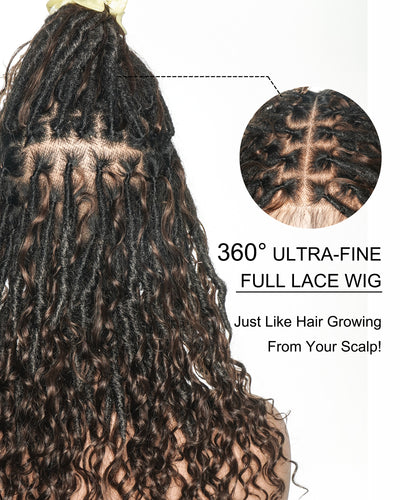Lola - Perruque Boho Locs suisse HD pré-blanchie de 16 po avec boucles Boho en cheveux naturels