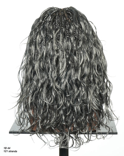 Perruque tressée bohème Michelle Salt & Pepper sans colle, dentelle suisse HD intégrale – Cheveux humains et mélange synthétique bouclés base 1B