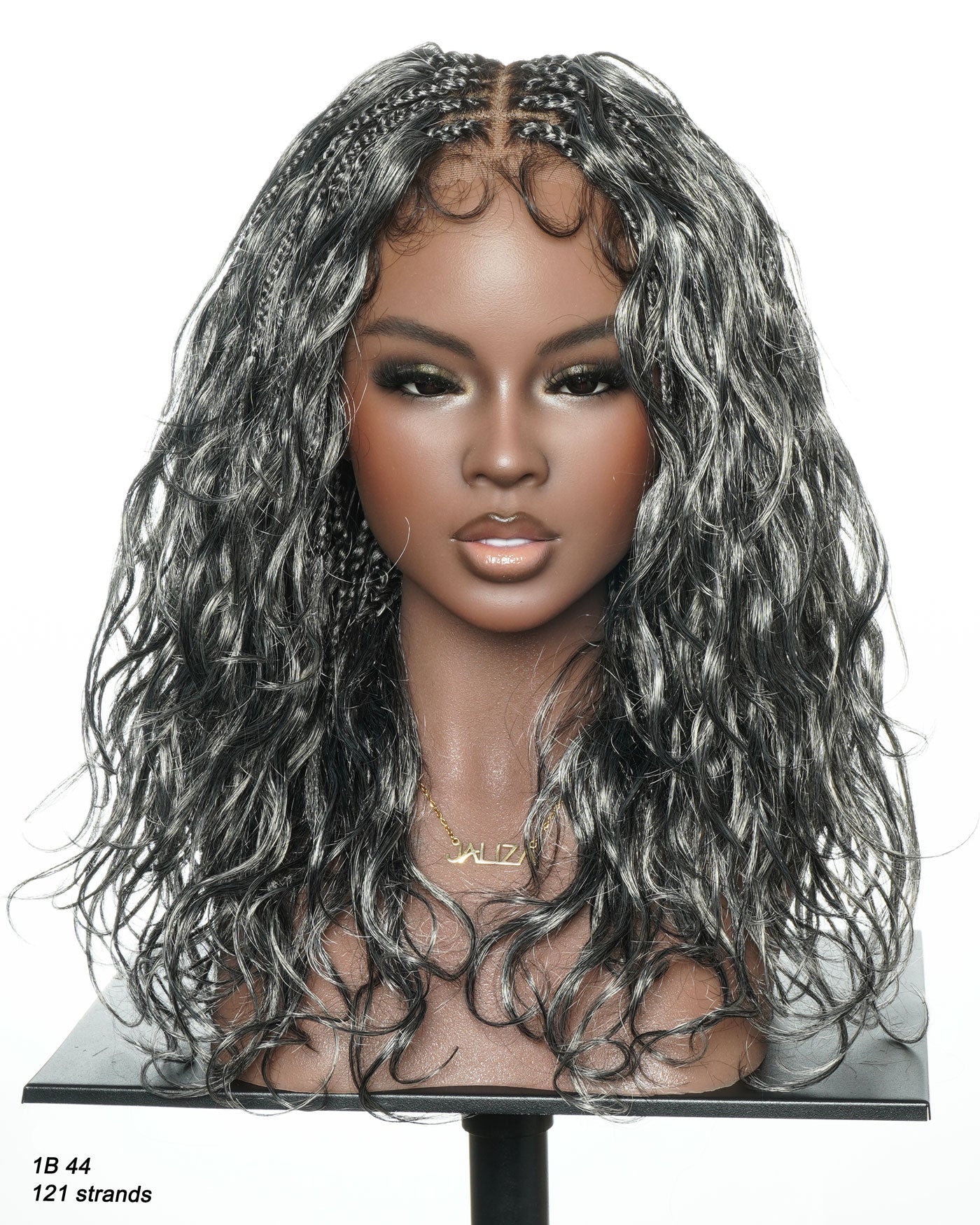 Perruque tressée bohème Michelle Salt & Pepper sans colle, dentelle suisse HD intégrale – Cheveux humains et mélange synthétique bouclés base 1B