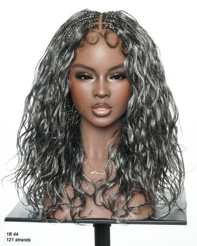 Perruque tressée bohème Michelle Salt & Pepper sans colle, dentelle suisse HD intégrale – Cheveux humains et mélange synthétique bouclés base 1B