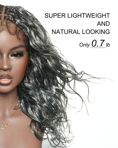 Perruque tressée bohème Michelle Salt & Pepper sans colle, dentelle suisse HD intégrale – Cheveux humains et mélange synthétique bouclés base 1B