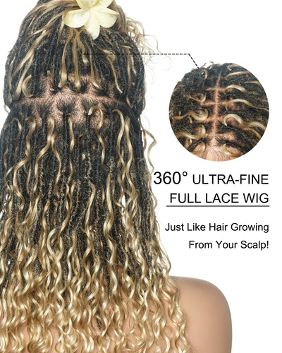 Lola - Perruque Boho Locs suisse HD pré-blanchie de 16 po avec boucles Boho en cheveux naturels