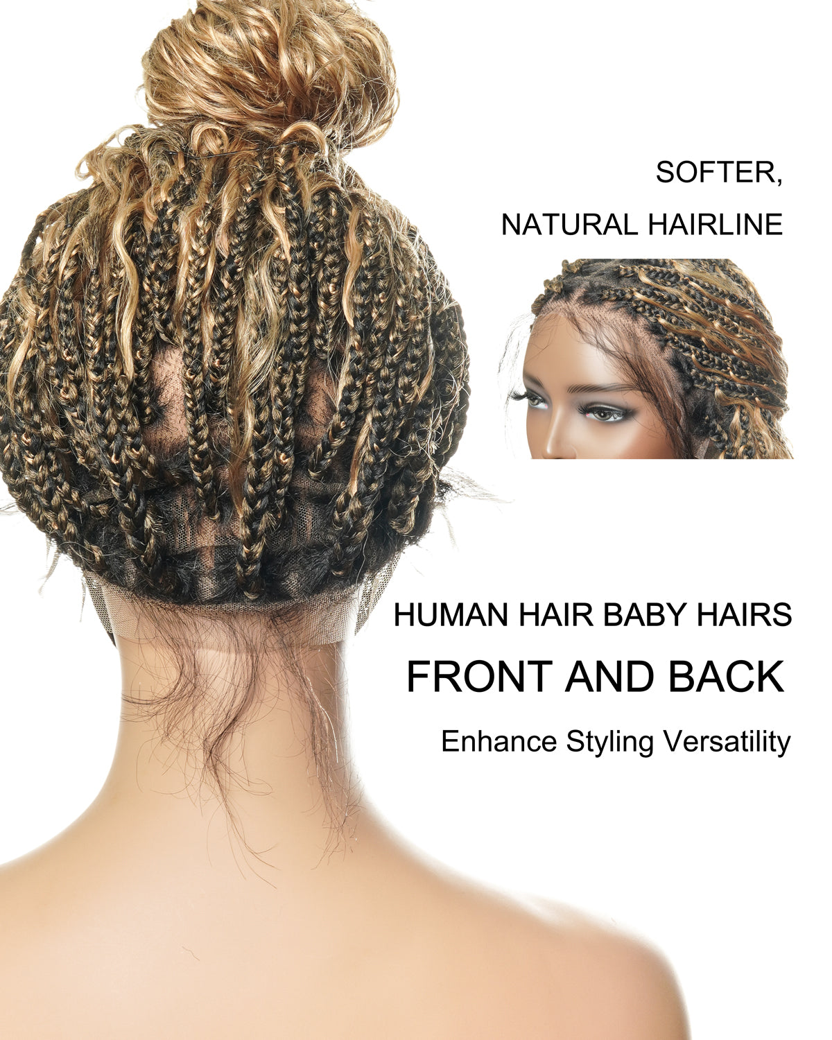 Kiki - Perruque tressée boîte bohème sans nœuds, sans colle, entièrement en dentelle, 100 % cheveux humains, 40 cm, avec bonnet à cordon de serrage