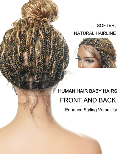 Kiki - Perruque tressée boîte bohème sans nœuds, sans colle, entièrement en dentelle, 100 % cheveux humains, 40 cm, avec bonnet à cordon de serrage