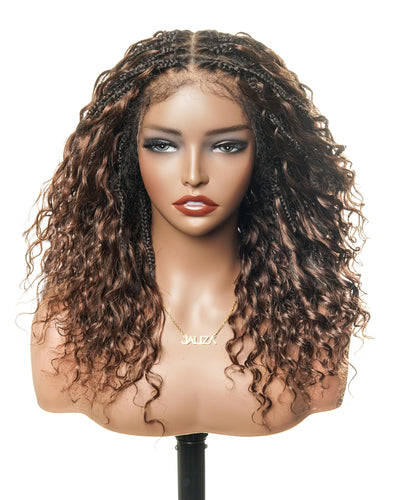 Kiki - Perruque tressée boîte bohème sans nœuds, sans colle, entièrement en dentelle, 100 % cheveux humains, 40 cm, avec bonnet à cordon de serrage