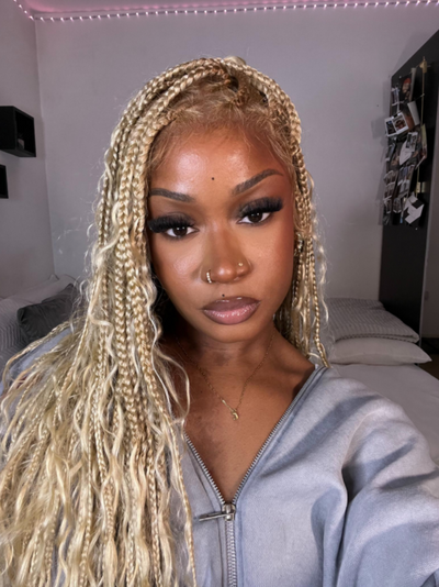 Perruque tressée boîte bohème sans nœuds, 100 % cheveux humains, boucles bohèmes, avec dentelle transparente intégrale et nouée à la main
