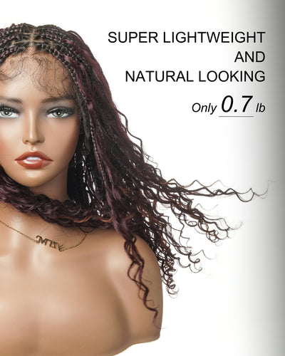 Perruque Boho tressée avec des boucles Boho en cheveux humains Full Lace HD, pré-décolorés, bordeaux foncé 99J, 100 mèches