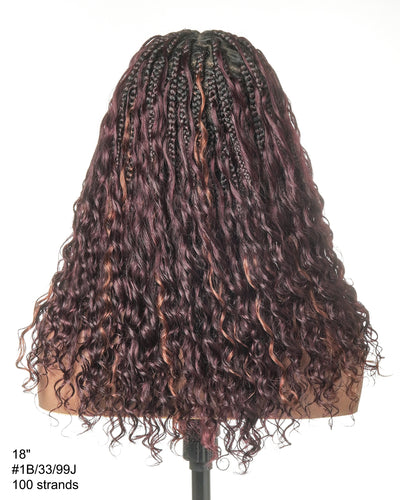 Perruque Boho tressée avec des boucles Boho en cheveux humains Full Lace HD, pré-décolorés, bordeaux foncé 99J, 100 mèches