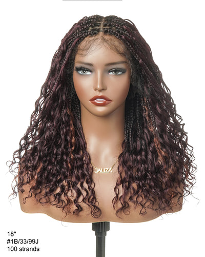 Perruque Boho tressée avec des boucles Boho en cheveux humains Full Lace HD, pré-décolorés, bordeaux foncé 99J, 100 mèches