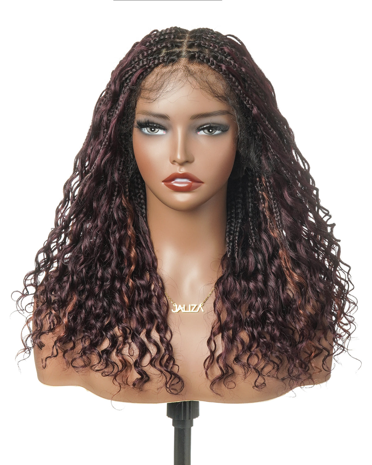 Perruque Boho tressée avec des boucles Boho en cheveux humains Full Lace HD, pré-décolorés, bordeaux foncé 99J, 100 mèches