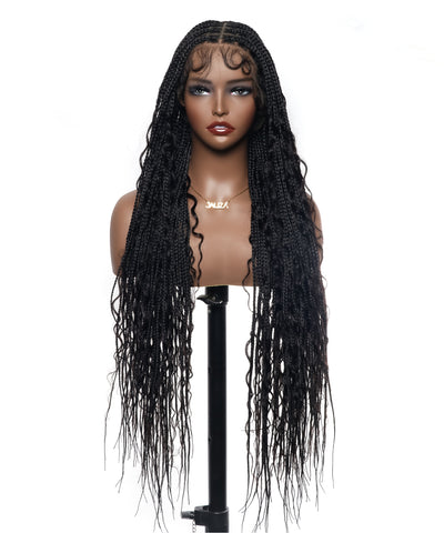 Perruque tressée sans nœuds Boho Curls, cheveux humains sans emmêlement, 32", dentelle HD, 100 mèches - Confort Plus / Dentelle extensible à raccord interne