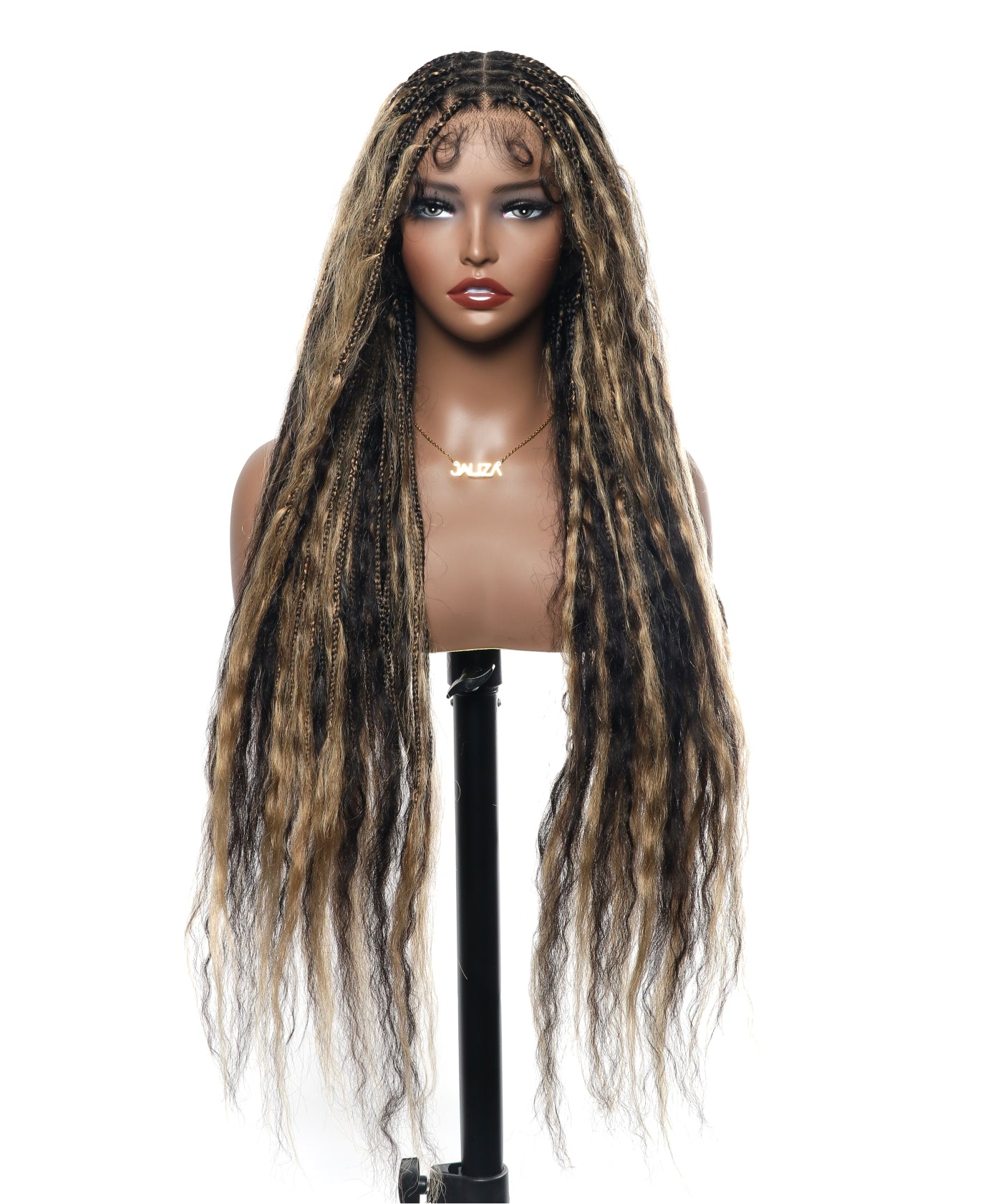 Perruque tressée boîte bohème sans nœuds, cheveux humains pré-décolorés, dentelle HD, couleur miel blond et noir piano, 36", effet mouillé et ondulé, super style