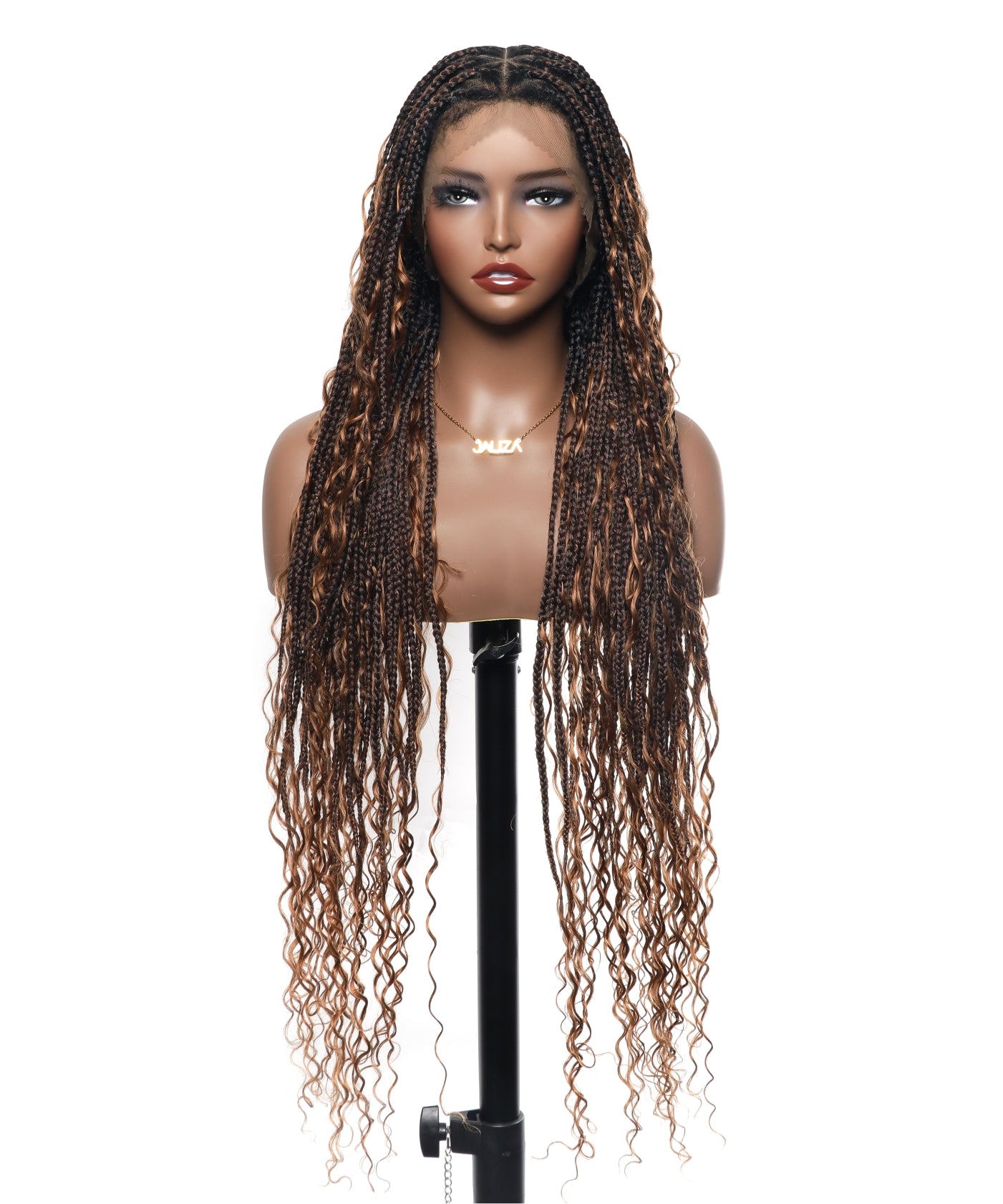 Article en liquidation - Perruque tressée boîte bohème sans nœuds avec boucles bohèmes, cheveux humains, base triangulaire HD, dentelle intégrale, 36"