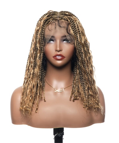 Perruque tressée sans nœuds 102 mèches, base triangulaire haute densité, boucles bohèmes, cheveux humains 14"