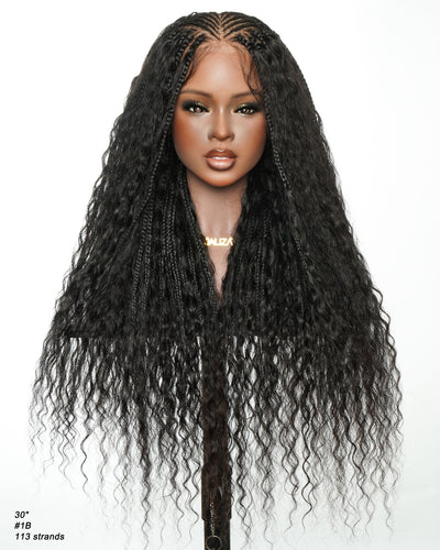 Avery - Perruque Tressée Complète en Cheveux Humains Pré-décolorés en 2 Étapes, Modèle Cornrows, avec Boucles Boho
