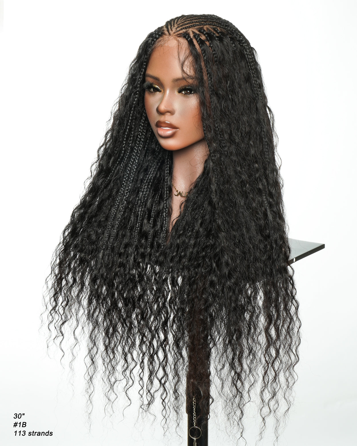 Avery - Perruque Tressée Complète en Cheveux Humains Pré-décolorés en 2 Étapes, Modèle Cornrows, avec Boucles Boho