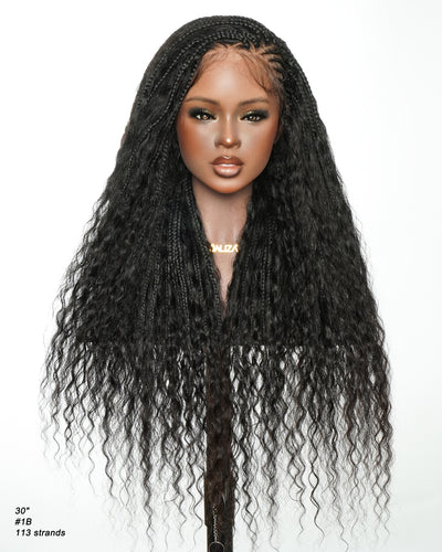Avery - Perruque Tressée Complète en Cheveux Humains Pré-décolorés en 2 Étapes, Modèle Cornrows, avec Boucles Boho