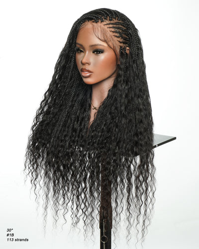 Avery - Perruque Tressée Complète en Cheveux Humains Pré-décolorés en 2 Étapes, Modèle Cornrows, avec Boucles Boho