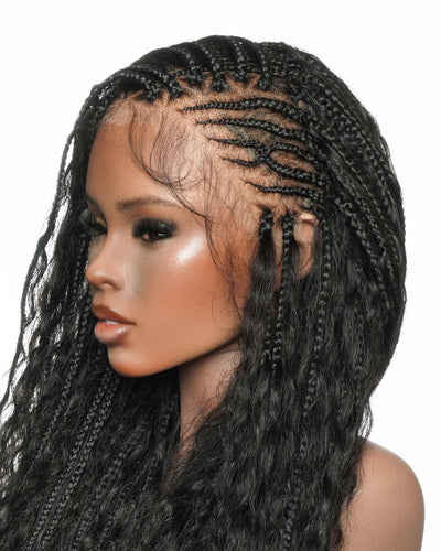 Avery - Perruque Tressée Complète en Cheveux Humains Pré-décolorés en 2 Étapes, Modèle Cornrows, avec Boucles Boho