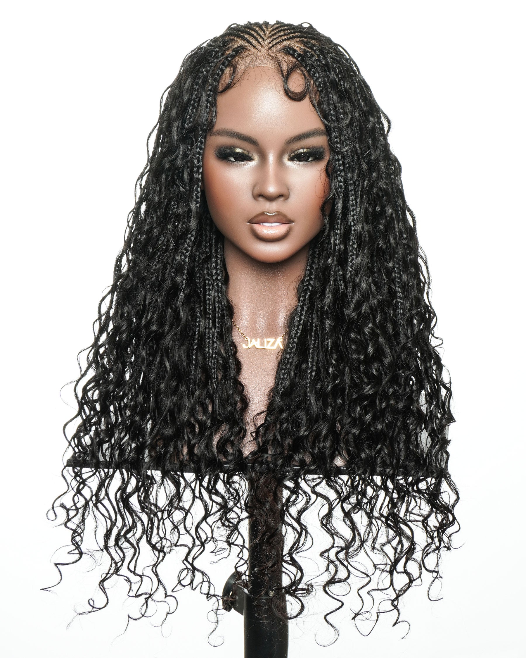 Avery Fulani Cheveux Humains Perruque Sans Colle Lace Suisse HD Tressée en Cornrows Devant Tresses Boîte Bohème Ondulées 60 cm