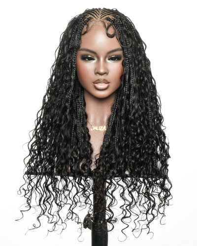 Avery Fulani Cheveux Humains Perruque Sans Colle Lace Suisse HD Tressée en Cornrows Devant Tresses Boîte Bohème Ondulées 60 cm