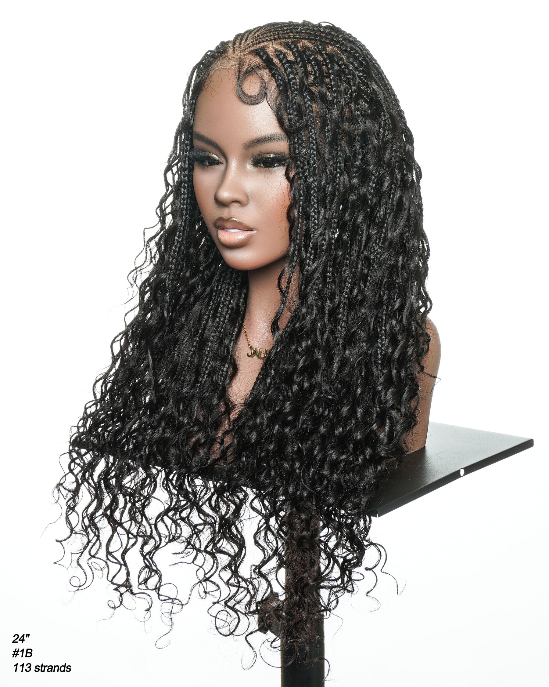 Avery Fulani Cheveux Humains Perruque Sans Colle Lace Suisse HD Tressée en Cornrows Devant Tresses Boîte Bohème Ondulées 60 cm