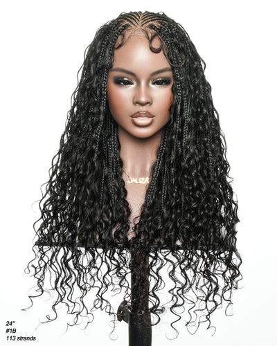 Avery Fulani Cheveux Humains Perruque Sans Colle Lace Suisse HD Tressée en Cornrows Devant Tresses Boîte Bohème Ondulées 60 cm