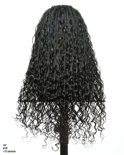 Avery Fulani Cheveux Humains Perruque Sans Colle Lace Suisse HD Tressée en Cornrows Devant Tresses Boîte Bohème Ondulées 60 cm
