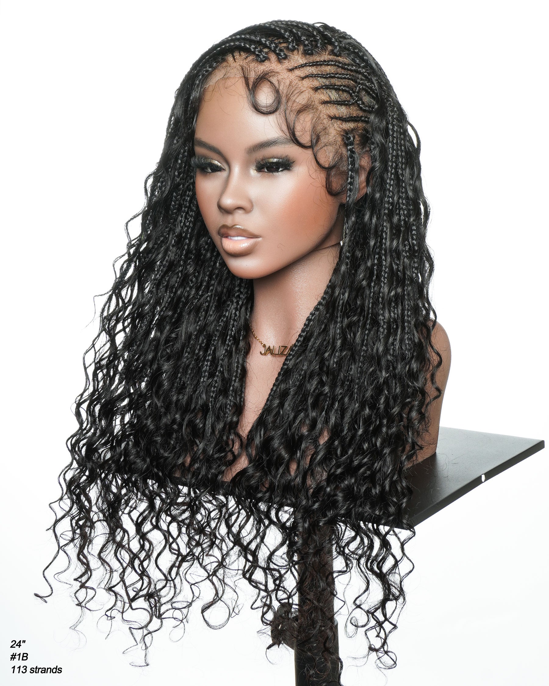Avery Fulani Cheveux Humains Perruque Sans Colle Lace Suisse HD Tressée en Cornrows Devant Tresses Boîte Bohème Ondulées 60 cm