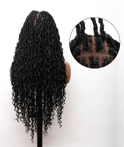 Back view of JALIZA black boho locs braided wig with curly ends and inset close-up of the hand-tied HD lace frontal.