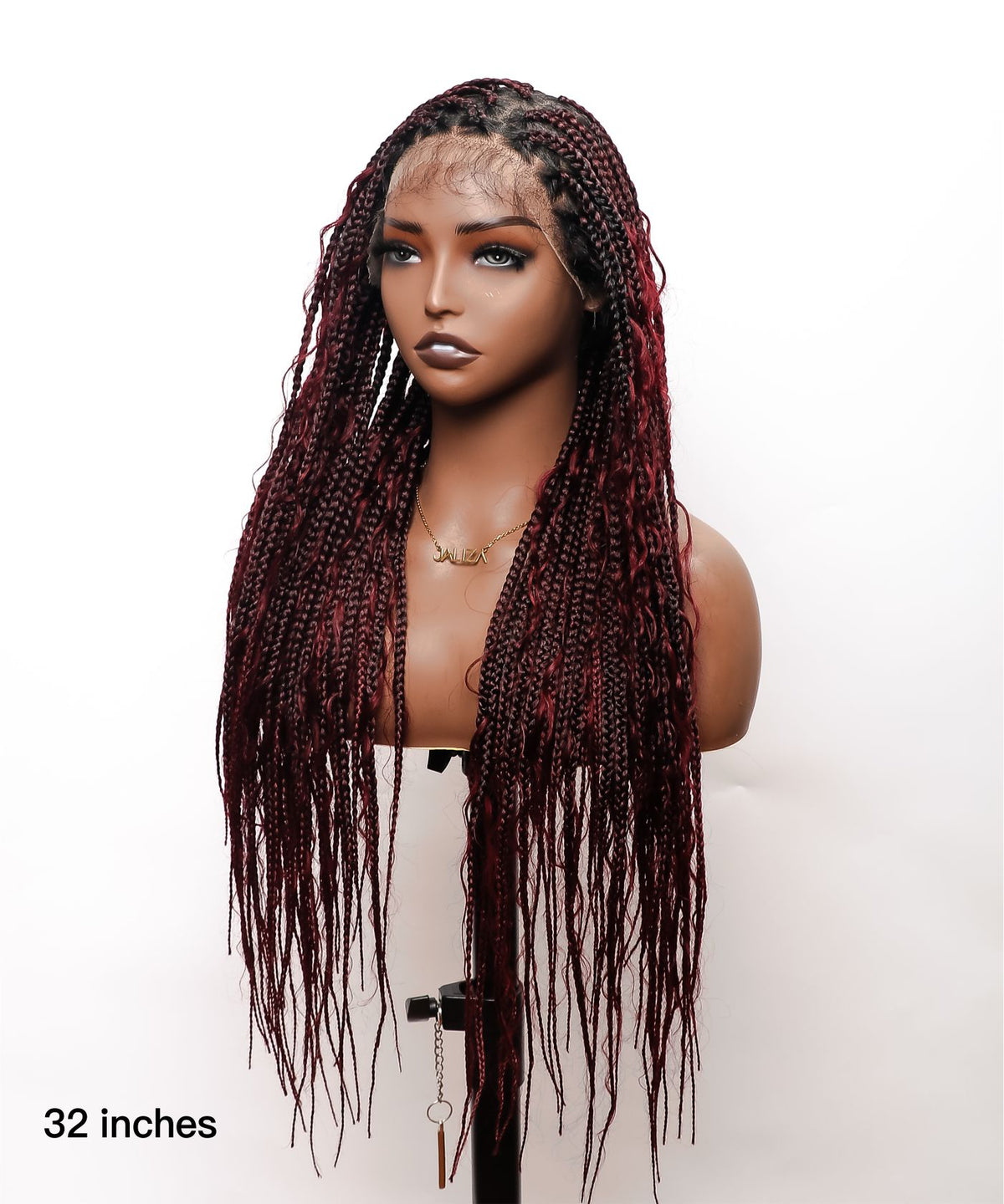JALIZA 32 inch Burgundy Boho Curls Box Braids 13x1 HD Lace Braided Wig (Mannequin - Front View)