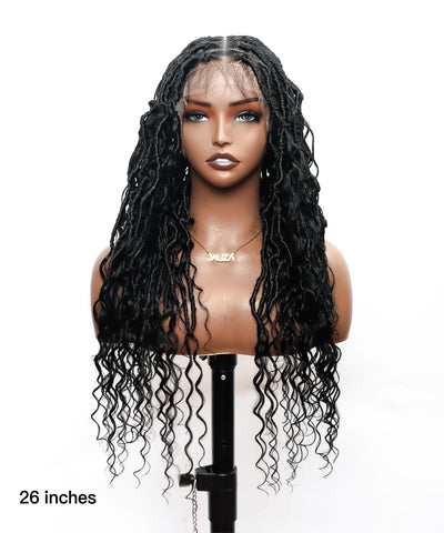 JALIZA 26-inch black boho locs braided wig with HD lace frontal and curly ends displayed on a mannequin