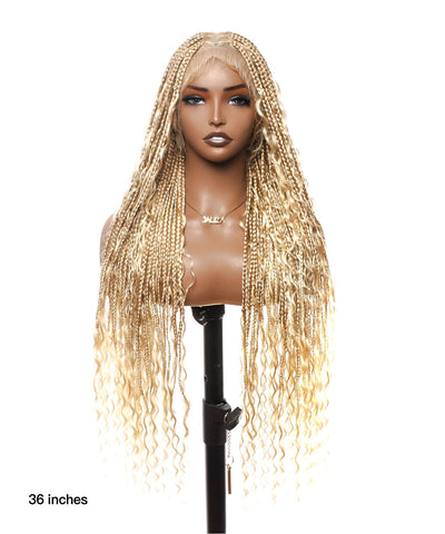 Perruque tressée boîte bohème sans nœuds, 100 % cheveux humains, boucles bohèmes, avec dentelle transparente intégrale et nouée à la main