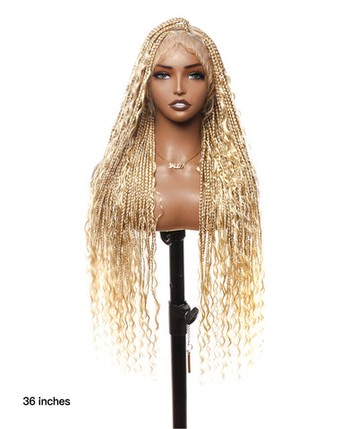 Perruque tressée boîte bohème sans nœuds, 100 % cheveux humains, boucles bohèmes, avec dentelle transparente intégrale et nouée à la main