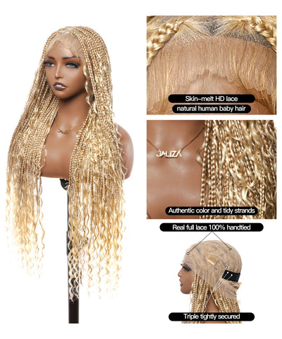 Perruque tressée boîte bohème sans nœuds, 100 % cheveux humains, boucles bohèmes, avec dentelle transparente intégrale et nouée à la main