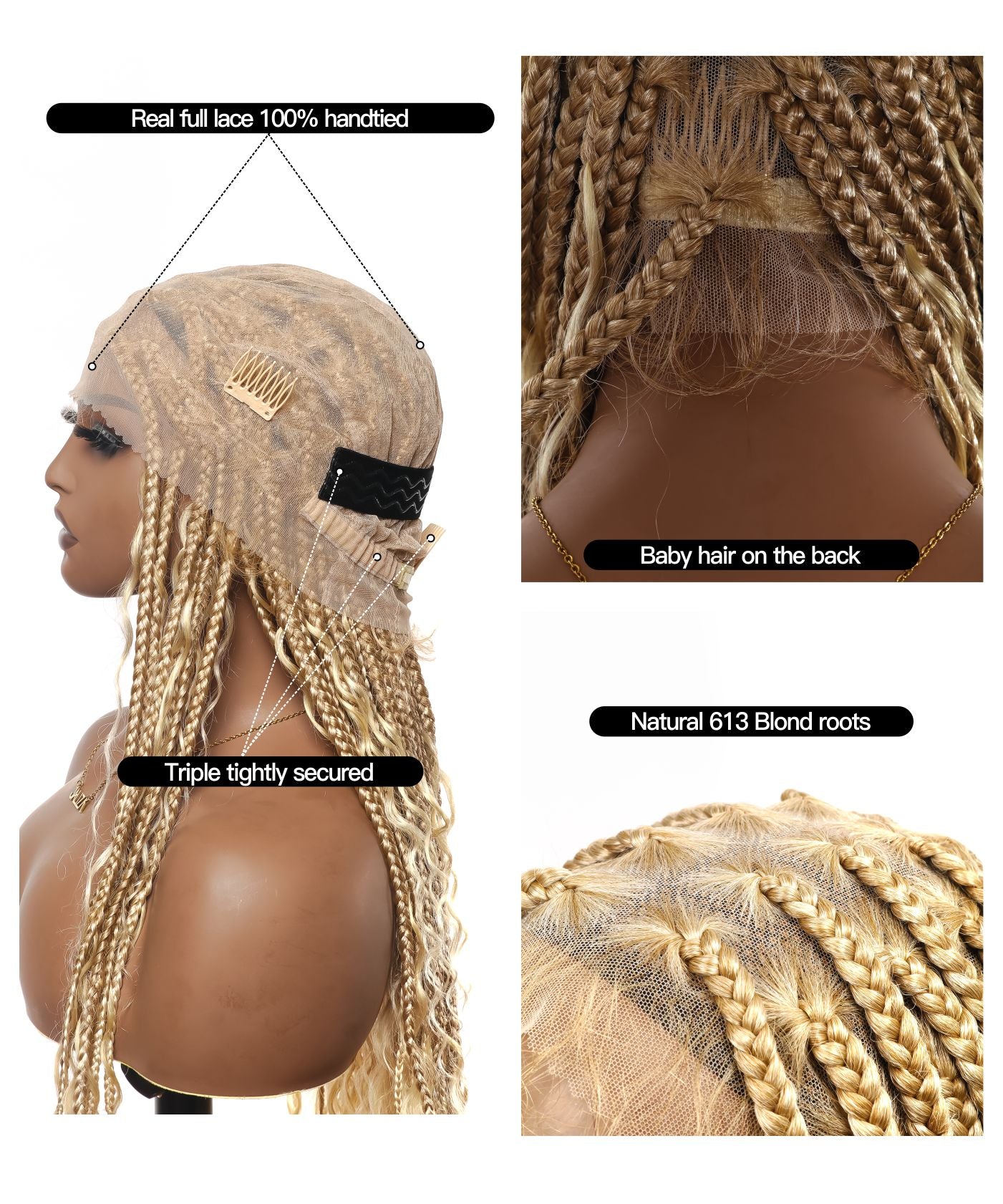 Perruque tressée boîte bohème sans nœuds, 100 % cheveux humains, boucles bohèmes, avec dentelle transparente intégrale et nouée à la main