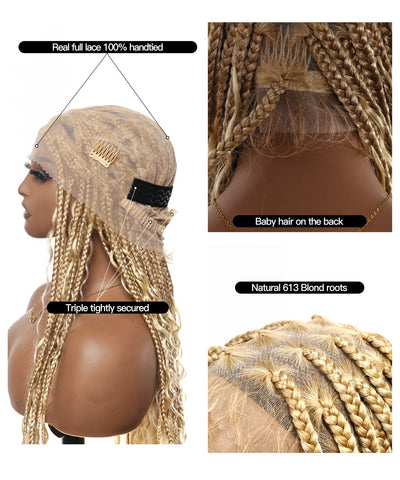 Perruque tressée boîte bohème sans nœuds, 100 % cheveux humains, boucles bohèmes, avec dentelle transparente intégrale et nouée à la main