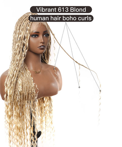 Perruque tressée boîte bohème sans nœuds, 100 % cheveux humains, boucles bohèmes, avec dentelle transparente intégrale et nouée à la main