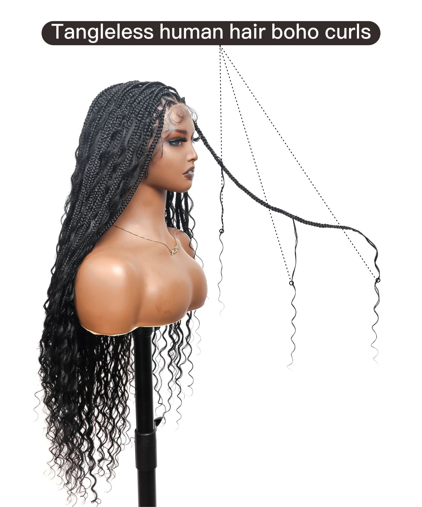 Perruque tressée carrée bohème sans nœuds, cheveux humains, base triangulaire, boucles bohèmes 36" HD, densité totale, 99 mèches
