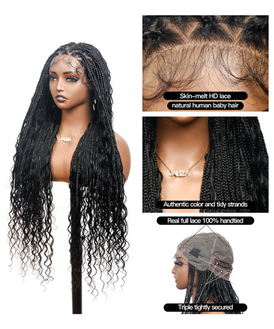 Perruque tressée carrée bohème sans nœuds, cheveux humains, base triangulaire, boucles bohèmes 36" HD, densité totale, 99 mèches