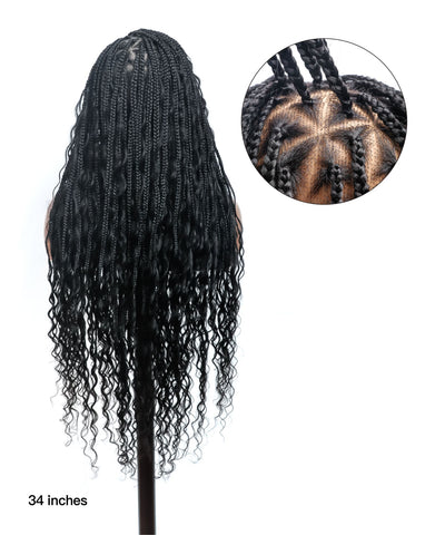 Perruque tressée carrée bohème sans nœuds, cheveux humains, base triangulaire, boucles bohèmes 36" HD, densité totale, 99 mèches