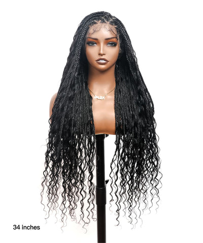 Perruque tressée carrée bohème sans nœuds, cheveux humains, base triangulaire, boucles bohèmes 36" HD, densité totale, 99 mèches