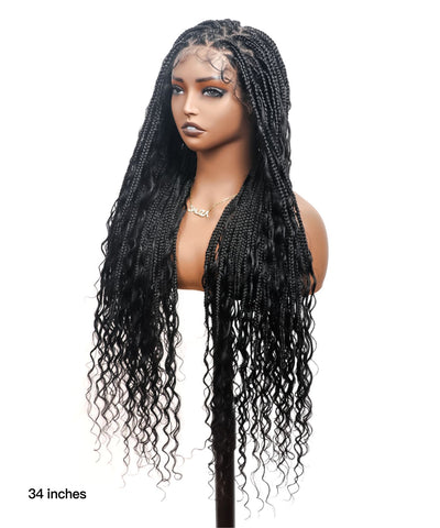 Perruque tressée carrée bohème sans nœuds, cheveux humains, base triangulaire, boucles bohèmes 36" HD, densité totale, 99 mèches