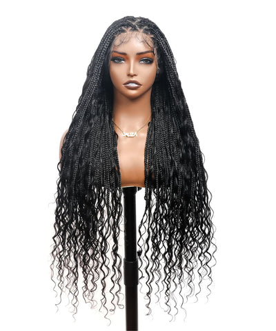 Perruque tressée carrée bohème sans nœuds, cheveux humains, base triangulaire, boucles bohèmes 36" HD, densité totale, 99 mèches