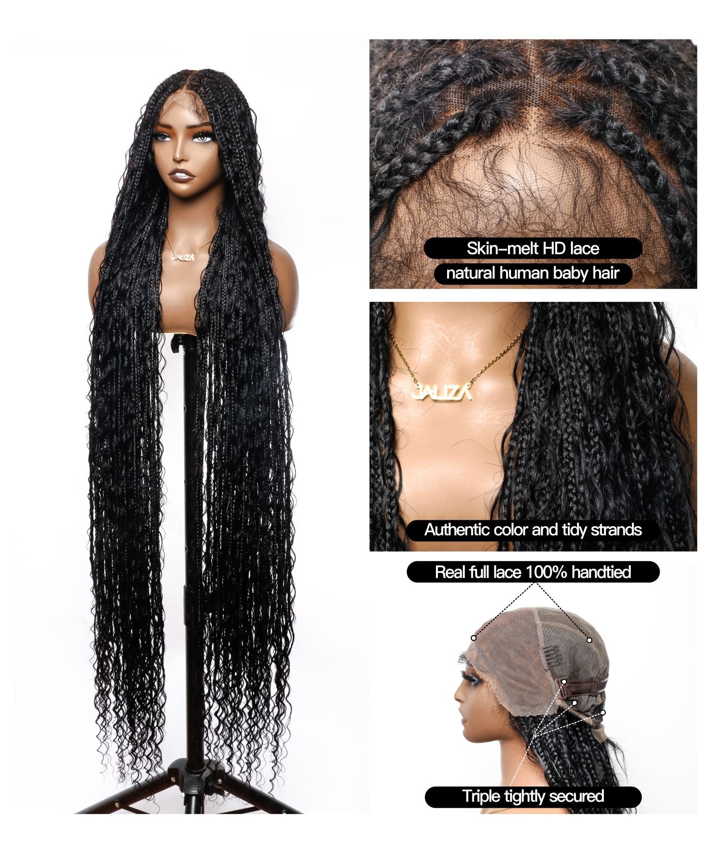 Perruque tressée de cheveux humains pré-décolorés, sans enchevêtrement, en dentelle HD de 142 cm, sans nœuds, style bohème, 100 mèches - Racines de cheveux humains et boucles bohèmes et cheveux de bébé