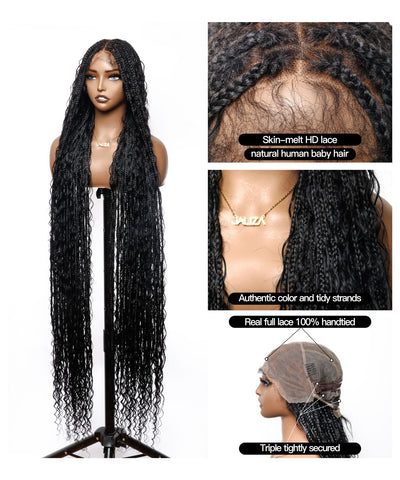 Perruque tressée de cheveux humains pré-décolorés, sans enchevêtrement, en dentelle HD de 142 cm, sans nœuds, style bohème, 100 mèches - Racines de cheveux humains et boucles bohèmes et cheveux de bébé