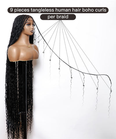 Perruque tressée de cheveux humains pré-décolorés, sans enchevêtrement, en dentelle HD de 142 cm, sans nœuds, style bohème, 100 mèches - Racines de cheveux humains et boucles bohèmes et cheveux de bébé