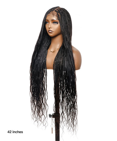 Perrque tressée de type "Boho Box" sans nœuds en dentelle complète, cheveux humains, ondulation lâche, 42", 121 mèches (Entrepôt américain)