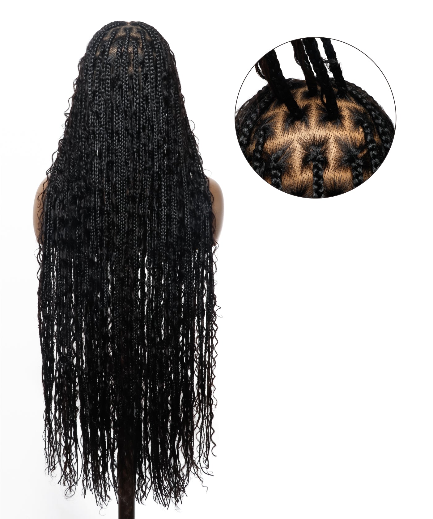 Perruque tressée de type "box braids" sans nœuds, avec boucles bohèmes et cheveux humains pré-décolorés HD, de 90 cm de long, en dentelle complète.