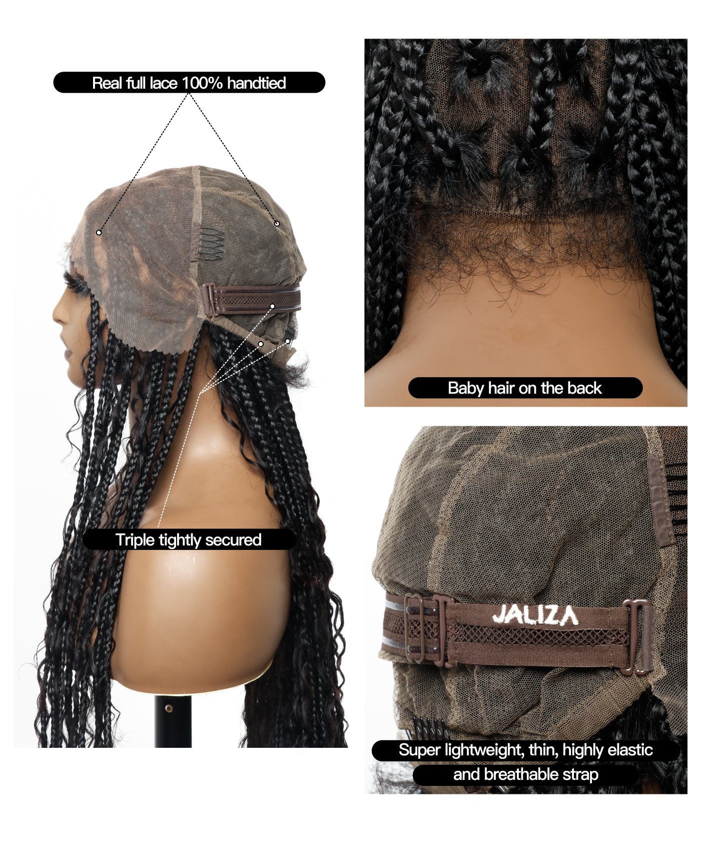 Perruque tressée de type "box braids" sans nœuds, avec boucles bohèmes et cheveux humains pré-décolorés HD, de 90 cm de long, en dentelle complète.